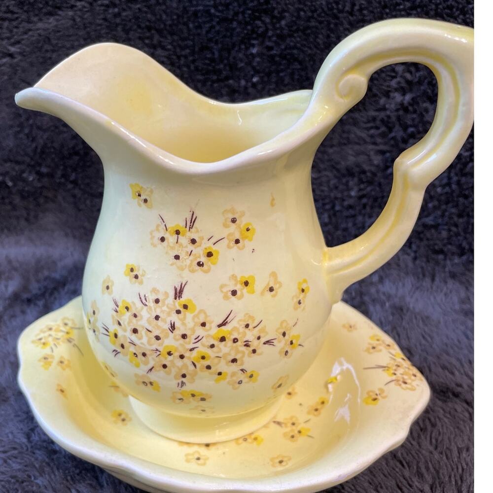 Vintage Enesco Pitcher & Basin Bowl Yellow With Flowers